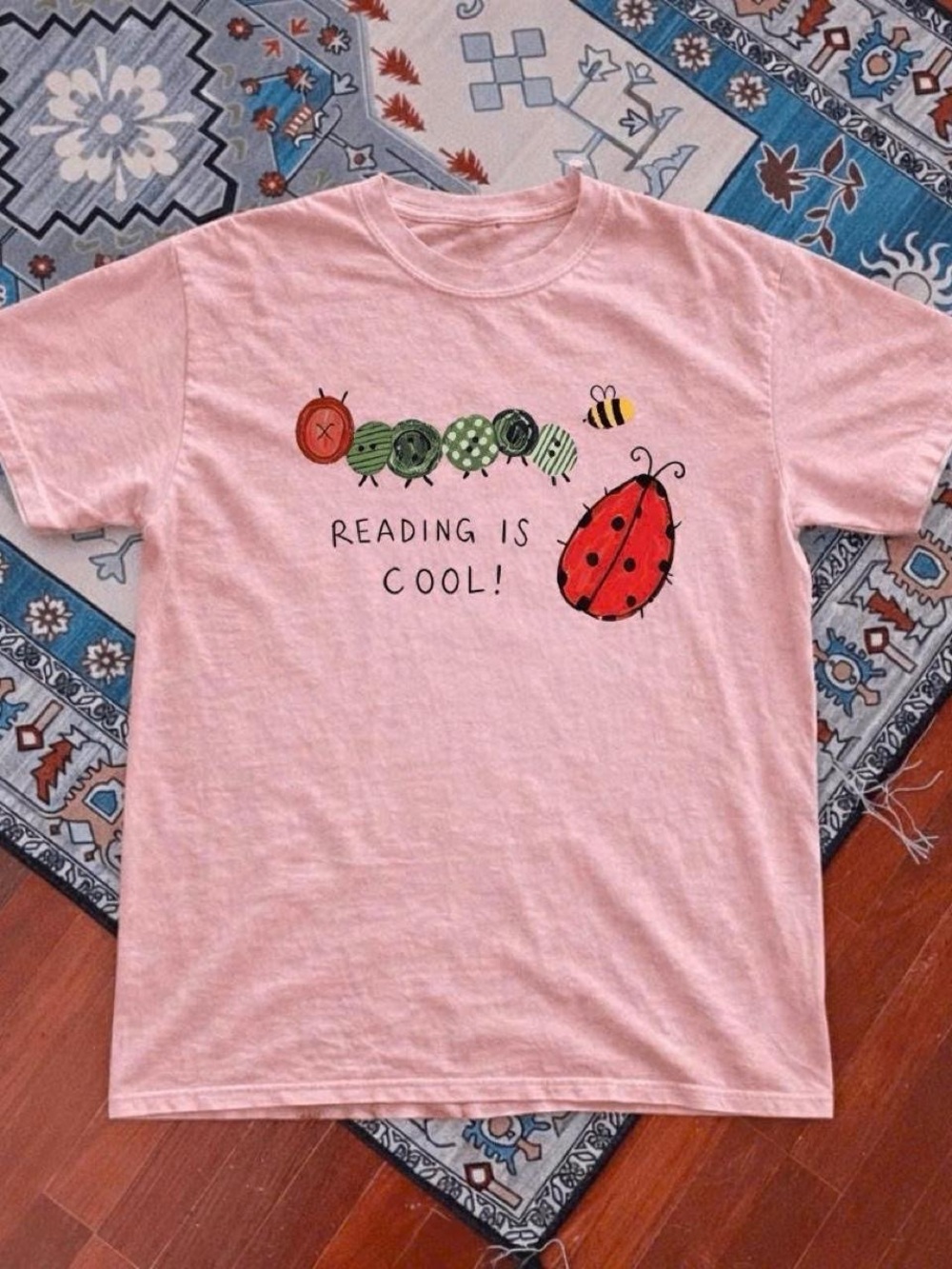Gildan Pink Graphic Tee with Ladybug & Caterpillar Art